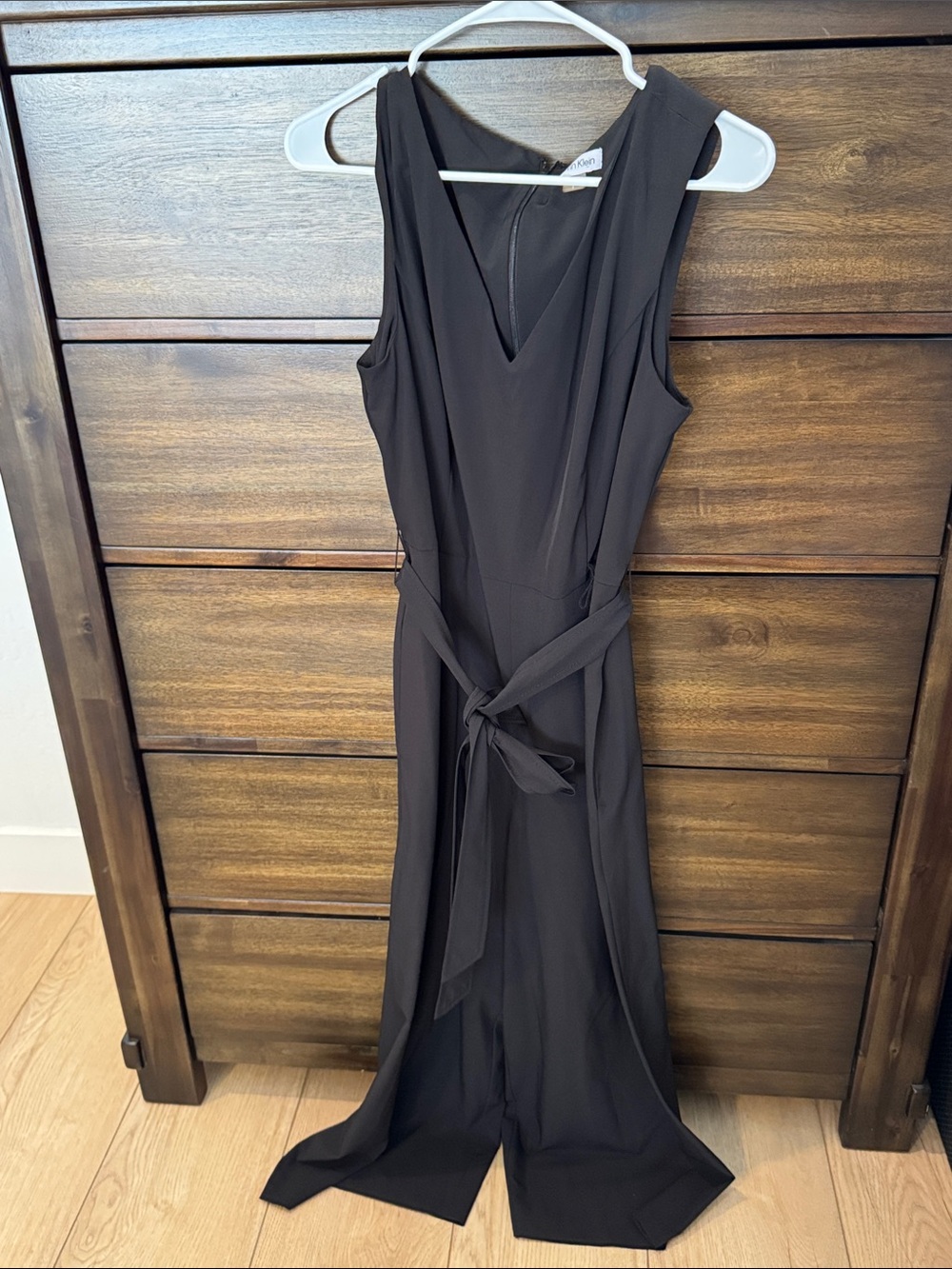 Calvin Klein Black Long-Sleeve-Look V-Neck Jumpsuit with Waist Tie